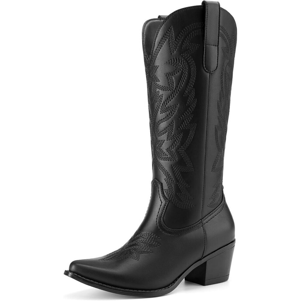 Women Black Western Mid Calf Boots Snip Toe Embroid Low Chunky Heel Fashion